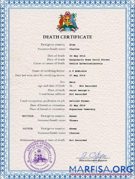 Printable Grenada death certificate PSD template